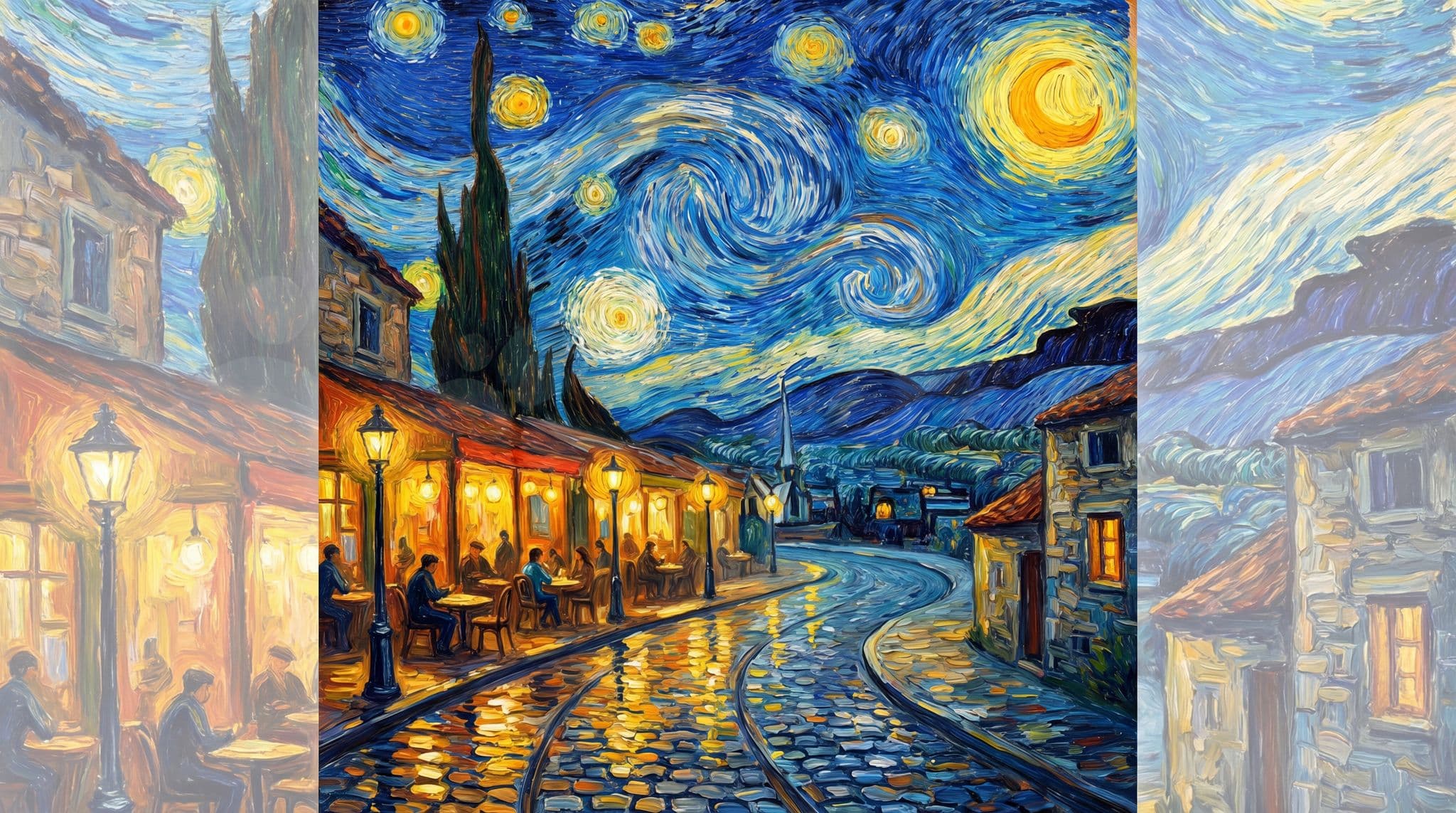 Cafe scene transformed into Van Gogh painting style