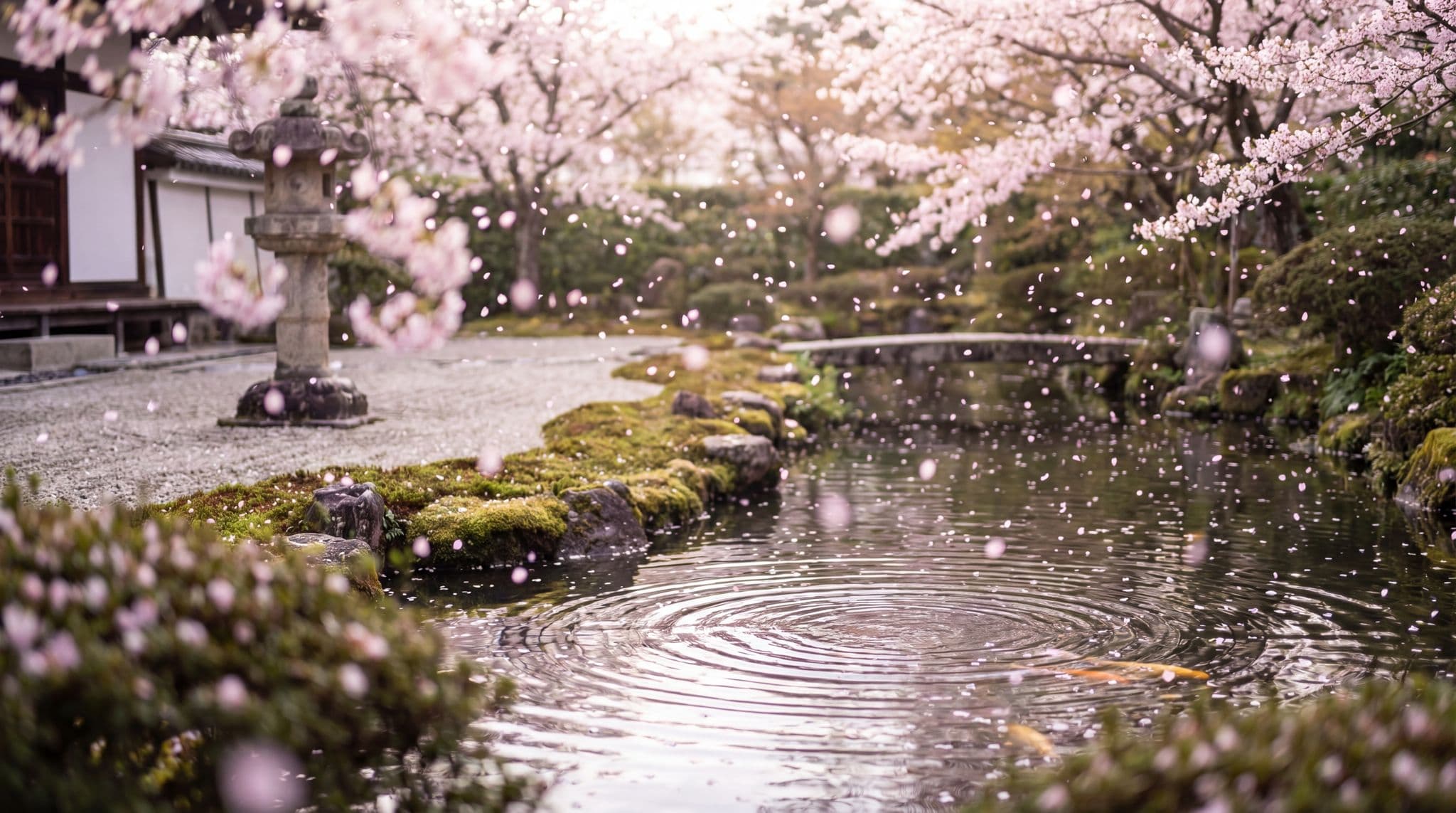 Japanese zen garden with cherry blossom petals falling