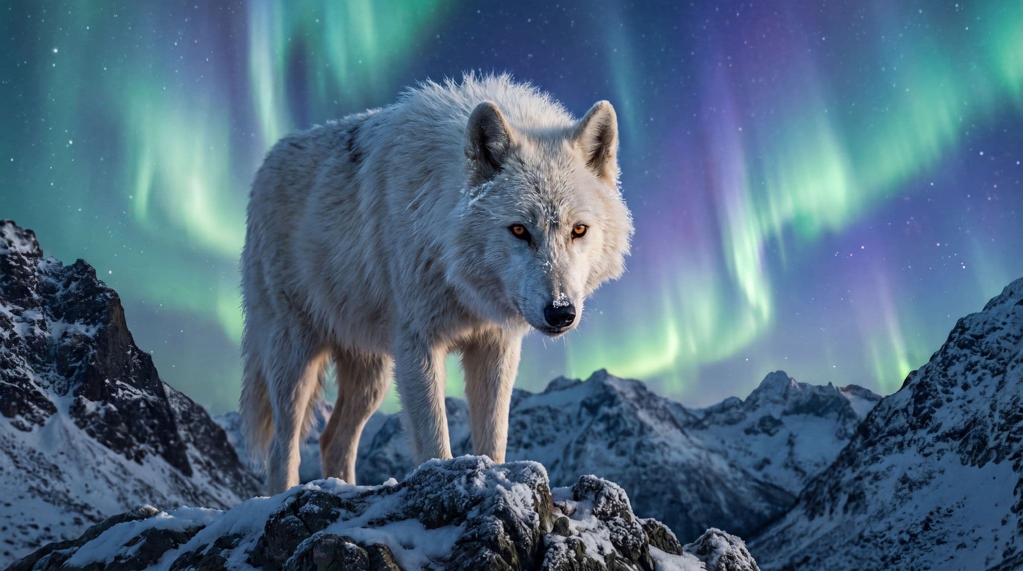 AI generated white wolf under aurora borealis